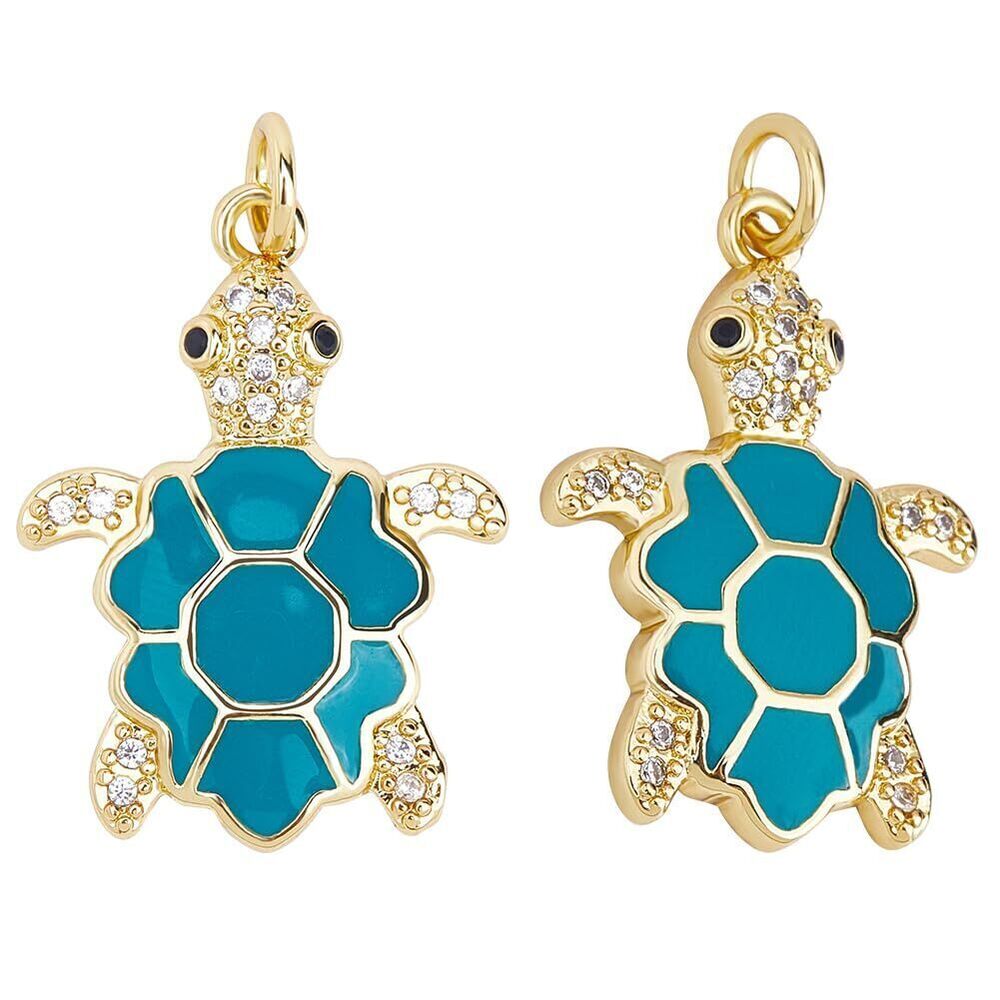 1607 1 Box 5Pcs Tortoise Charms 18K Gold Plated Cubic Zirconia Blue Enamel